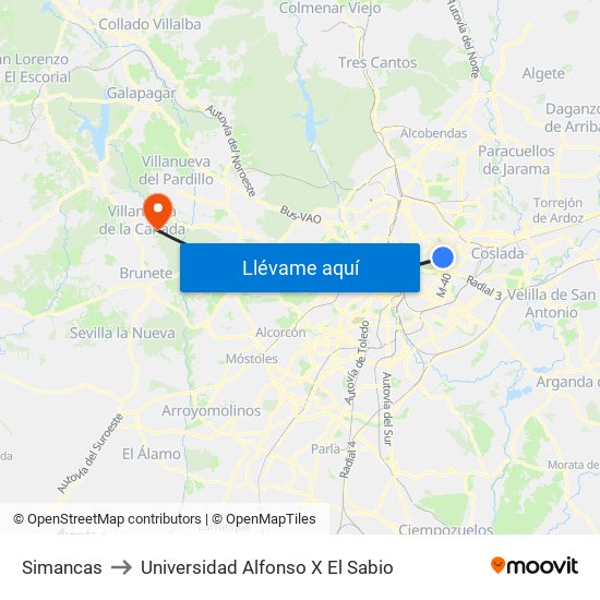 Simancas to Universidad Alfonso X El Sabio map