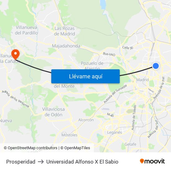 Prosperidad to Universidad Alfonso X El Sabio map