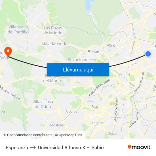 Esperanza to Universidad Alfonso X El Sabio map