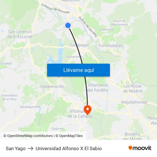 San Yago to Universidad Alfonso X El Sabio map