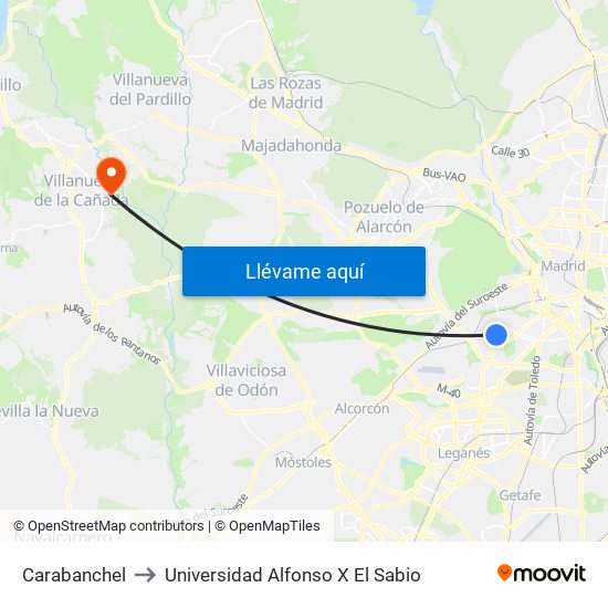 Carabanchel to Universidad Alfonso X El Sabio map