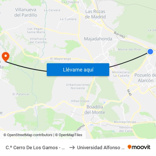 C.º Cerro De Los Gamos - Est. El Barrial to Universidad Alfonso X El Sabio map
