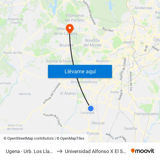 Ugena - Urb. Los Llanos to Universidad Alfonso X El Sabio map