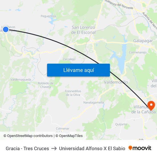Gracia - Tres Cruces to Universidad Alfonso X El Sabio map
