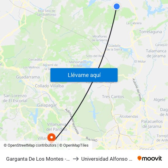 Garganta De Los Montes - San Isidro to Universidad Alfonso X El Sabio map