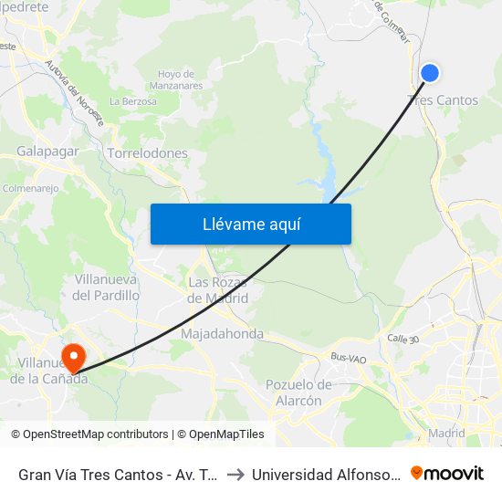 Gran Vía Tres Cantos - Av. Teresa Calcuta to Universidad Alfonso X El Sabio map