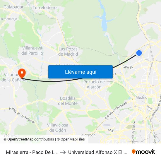 Mirasierra - Paco De Lucía to Universidad Alfonso X El Sabio map