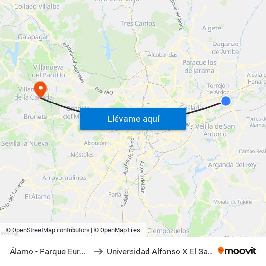 Álamo - Parque Europa to Universidad Alfonso X El Sabio map