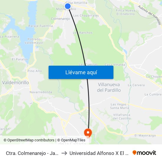 Ctra. Colmenarejo - Jazmín to Universidad Alfonso X El Sabio map