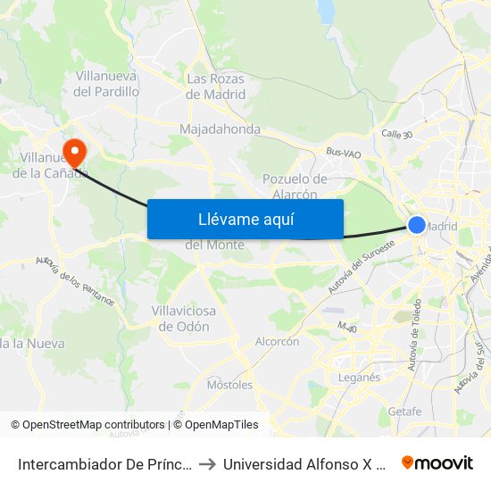 Intercambiador De Príncipe Pío to Universidad Alfonso X El Sabio map