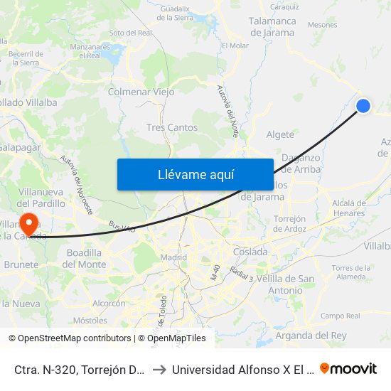 Ctra. N-320, Torrejón Del Rey to Universidad Alfonso X El Sabio map