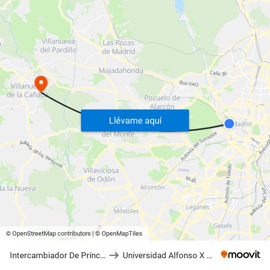 Intercambiador De Príncipe Pío to Universidad Alfonso X El Sabio map