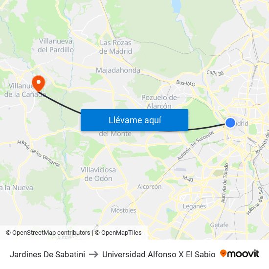 Jardines De Sabatini to Universidad Alfonso X El Sabio map
