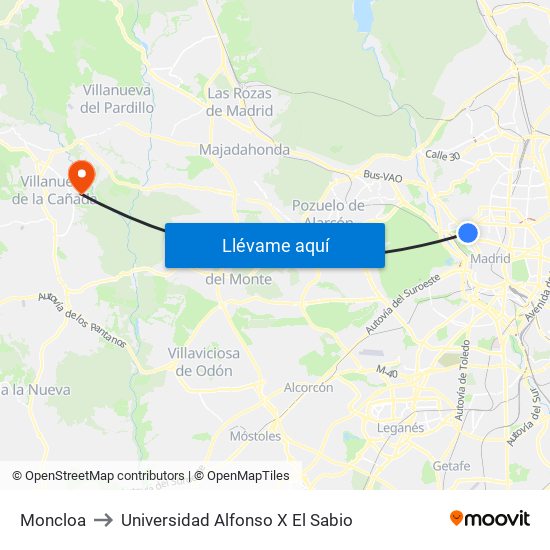 Moncloa to Universidad Alfonso X El Sabio map