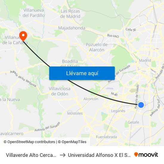 Villaverde Alto Cercanías to Universidad Alfonso X El Sabio map
