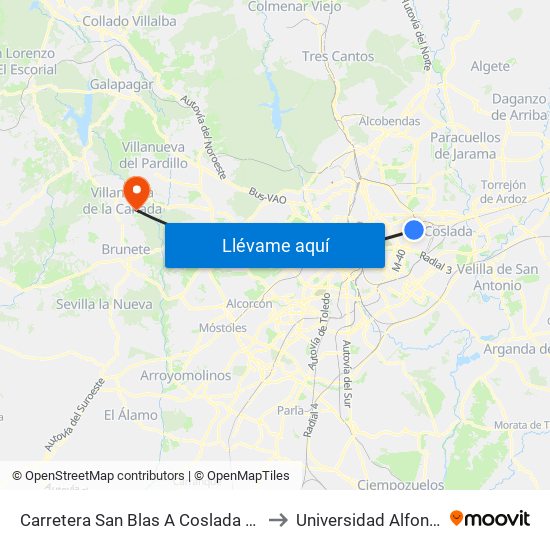 Carretera San Blas A Coslada Frente Metropolitano to Universidad Alfonso X El Sabio map