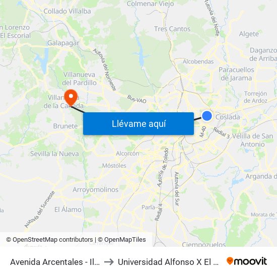 Avenida Arcentales - Iliada to Universidad Alfonso X El Sabio map