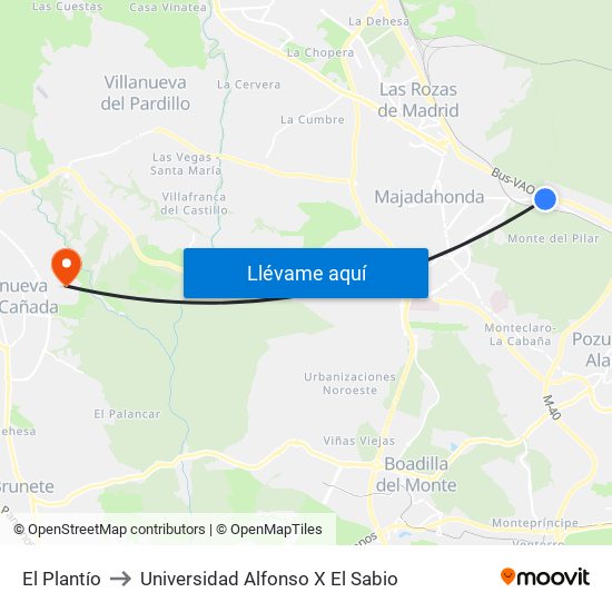 El Plantío to Universidad Alfonso X El Sabio map