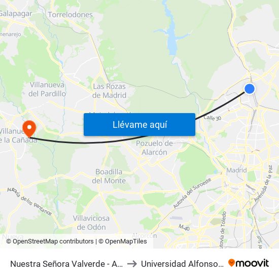 Nuestra Señora Valverde - Alonso Quijano to Universidad Alfonso X El Sabio map