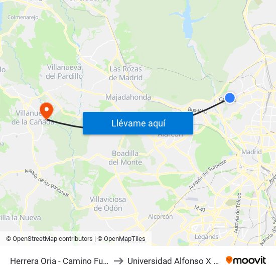 Herrera Oria - Camino Fuencarral to Universidad Alfonso X El Sabio map