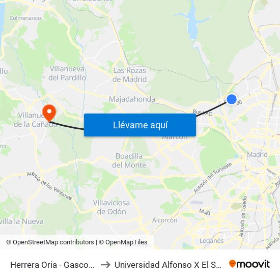 Herrera Oria - Gascones to Universidad Alfonso X El Sabio map