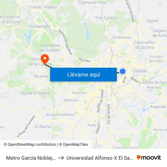 Metro García Noblejas to Universidad Alfonso X El Sabio map