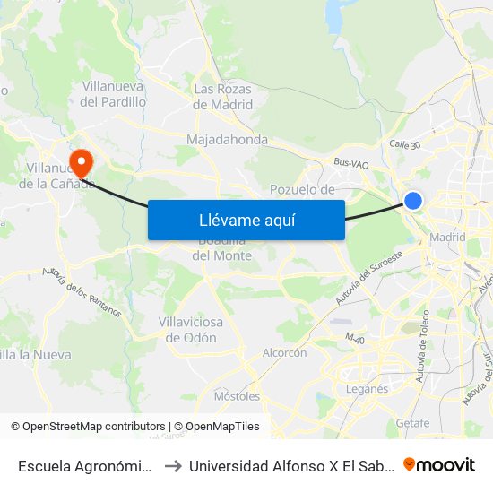 Escuela Agronómica to Universidad Alfonso X El Sabio map