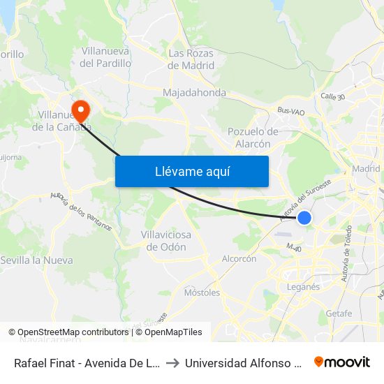 Rafael Finat - Avenida De Las Águilas to Universidad Alfonso X El Sabio map