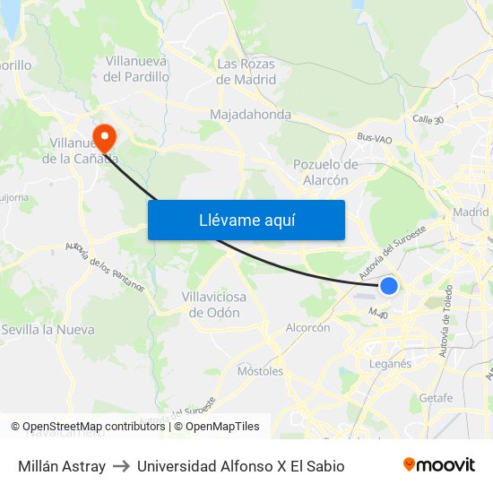 Millán Astray to Universidad Alfonso X El Sabio map