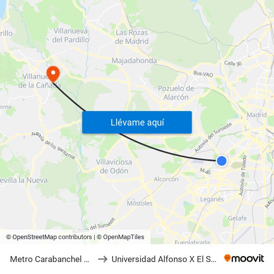 Metro Carabanchel Alto to Universidad Alfonso X El Sabio map