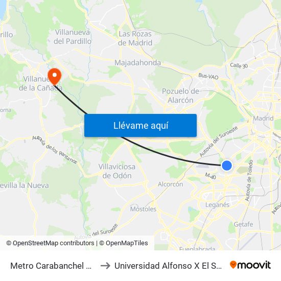 Metro Carabanchel Alto to Universidad Alfonso X El Sabio map