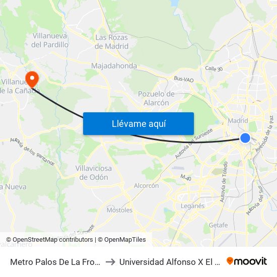 Metro Palos De La Frontera to Universidad Alfonso X El Sabio map