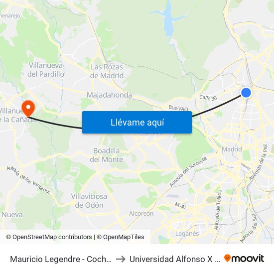 Mauricio Legendre - Cocheras Emt to Universidad Alfonso X El Sabio map