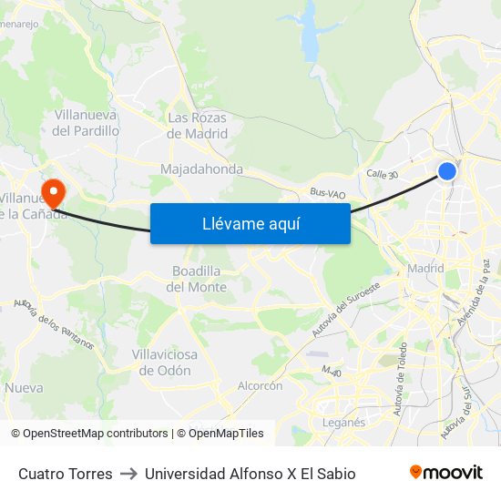 Cuatro Torres to Universidad Alfonso X El Sabio map
