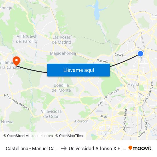 Castellana - Manuel Caldeiro to Universidad Alfonso X El Sabio map