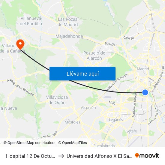 Hospital 12 De Octubre to Universidad Alfonso X El Sabio map