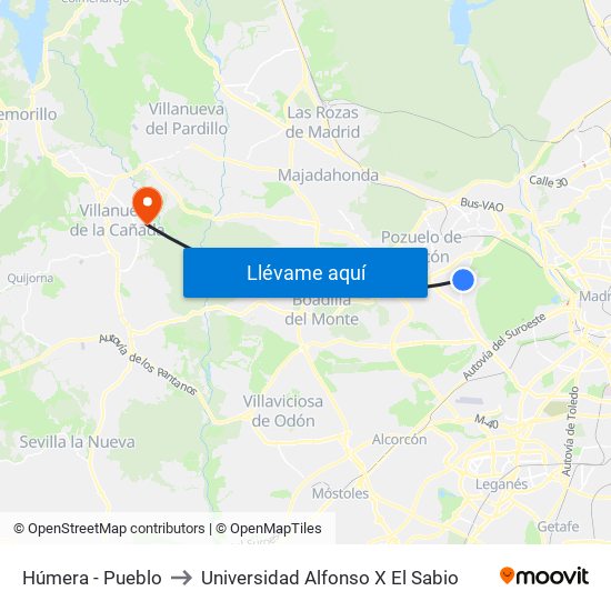 Húmera - Pueblo to Universidad Alfonso X El Sabio map