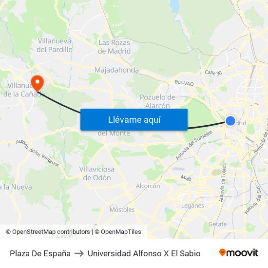 Plaza De España to Universidad Alfonso X El Sabio map