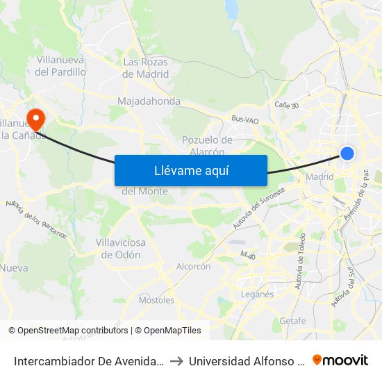 Intercambiador De Avenida De América to Universidad Alfonso X El Sabio map