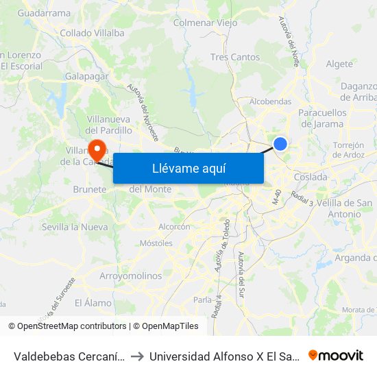 Valdebebas Cercanías to Universidad Alfonso X El Sabio map