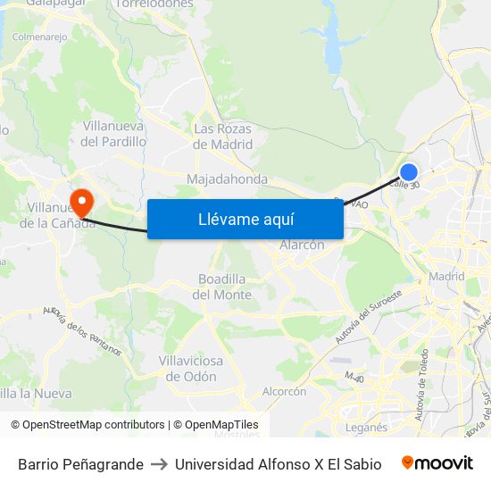 Barrio Peñagrande to Universidad Alfonso X El Sabio map