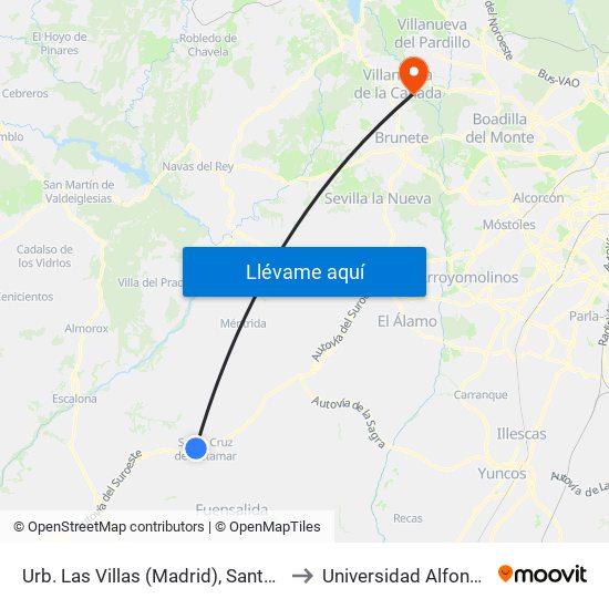 Urb. Las Villas (Madrid), Santa Cruz Del Retamar to Universidad Alfonso X El Sabio map