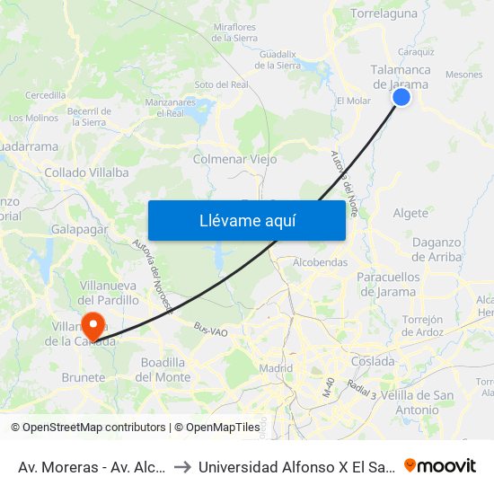 Av. Moreras - Av. Alcalá to Universidad Alfonso X El Sabio map