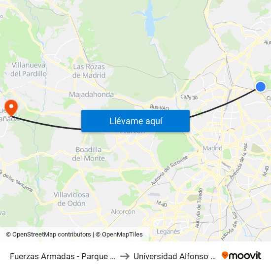 Fuerzas Armadas - Parque Valdebebas to Universidad Alfonso X El Sabio map