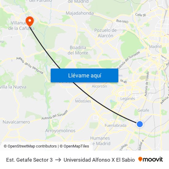 Est. Getafe Sector 3 to Universidad Alfonso X El Sabio map