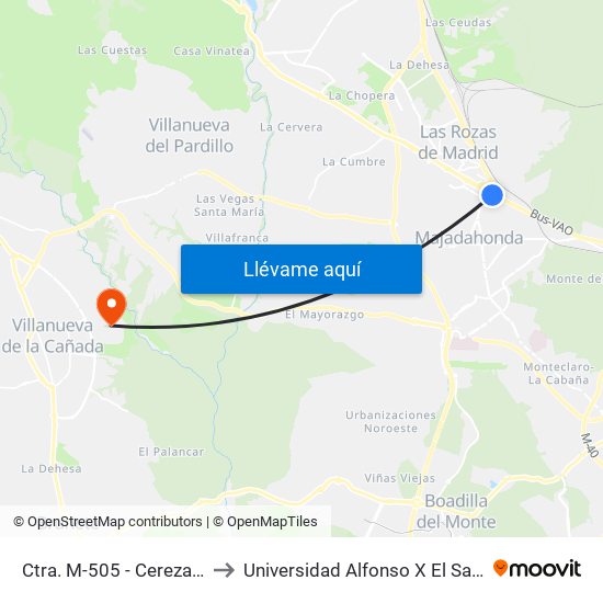 Ctra. M-505 - Cerezales to Universidad Alfonso X El Sabio map