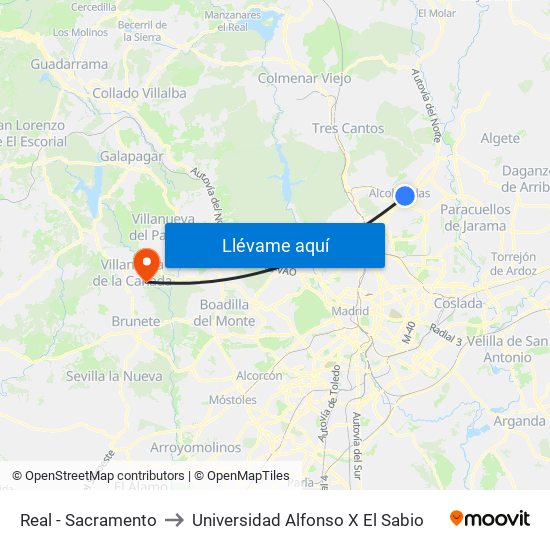 Real - Sacramento to Universidad Alfonso X El Sabio map