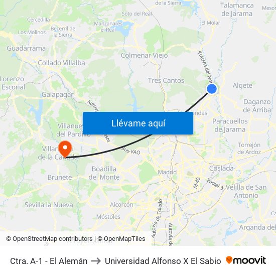 Ctra. A-1 - El Alemán to Universidad Alfonso X El Sabio map