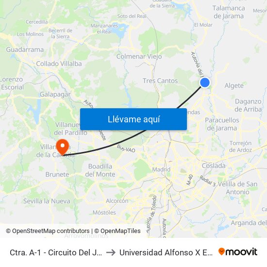 Ctra. A-1 - Circuito Del Jarama to Universidad Alfonso X El Sabio map