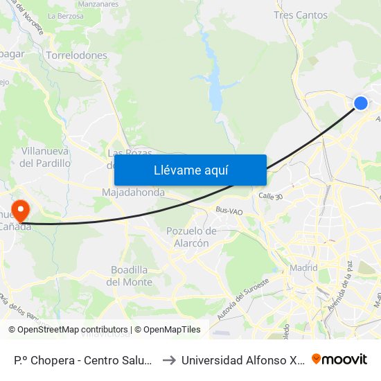 P.º Chopera - Centro Salud Valdavia to Universidad Alfonso X El Sabio map